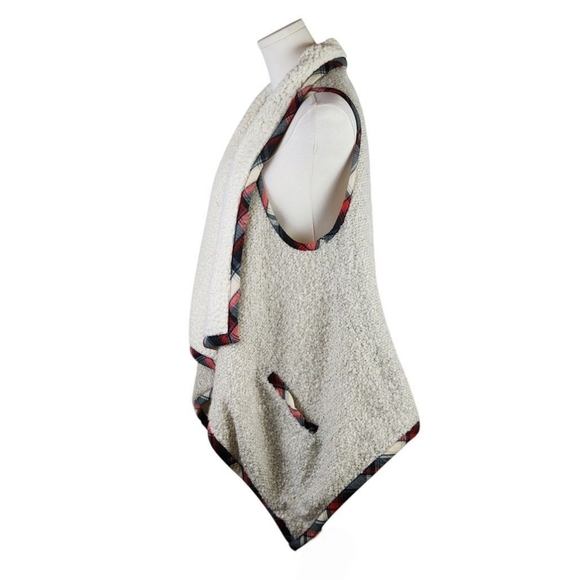 See and Be Seen Sherpa Fleece Vest M/L Plaid Trim Cozy Open Front Layering - Picture 3 of 6